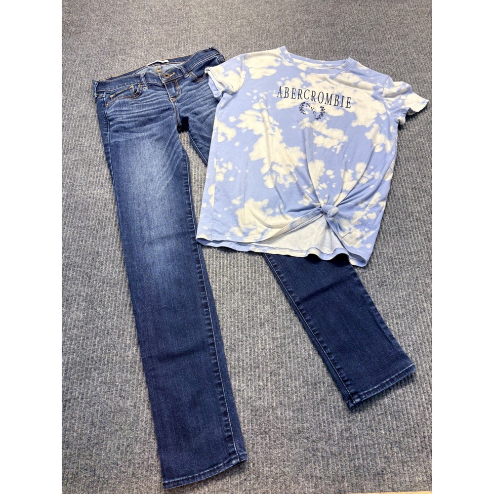 Abercrombie Kids Girls Tie Dye Logo Tee and Slim Straight Jeans Set Blue 13/14